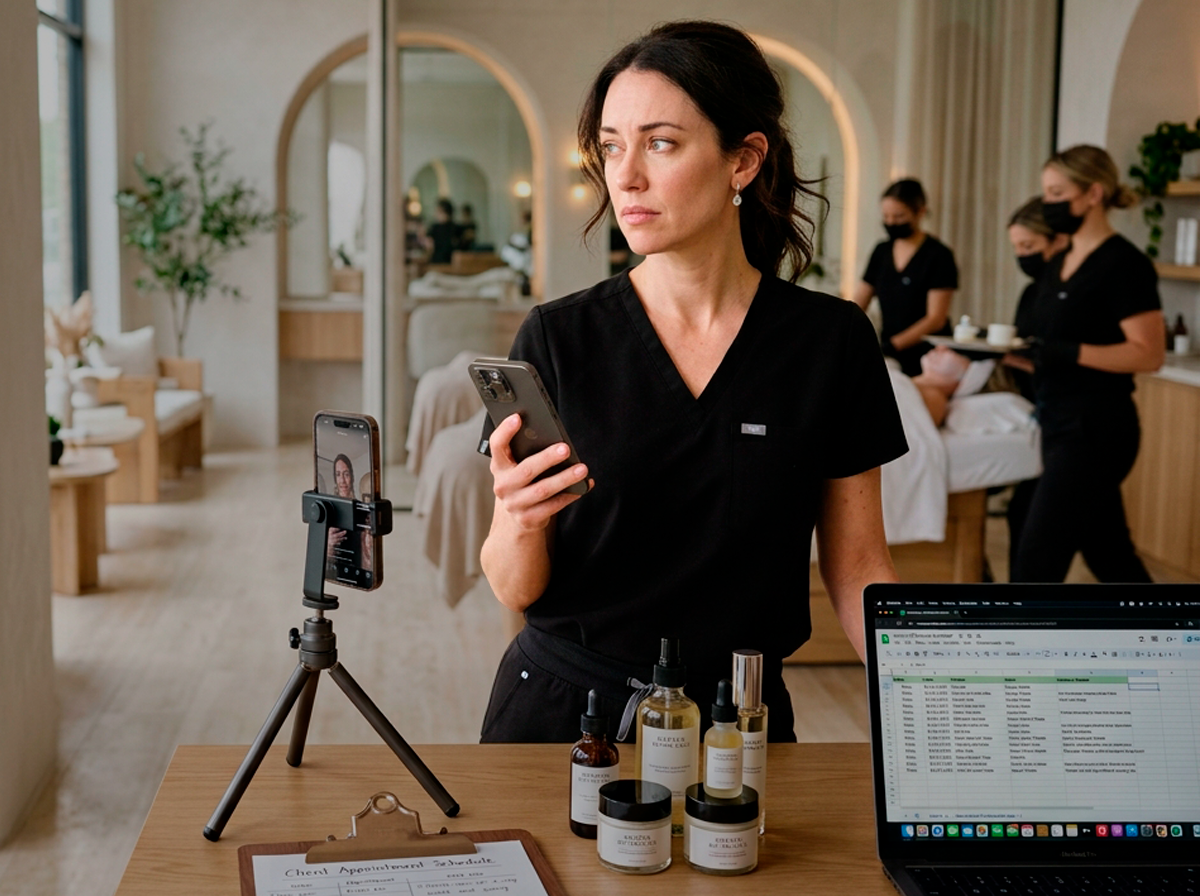 Med spa owner filming content while managing the business