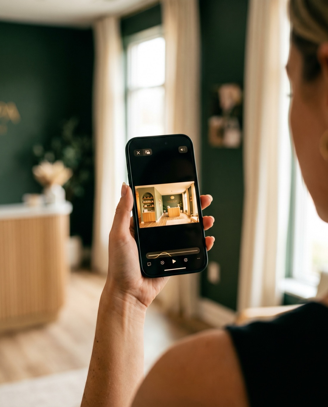 A cinematic med spa reel playing on a phone